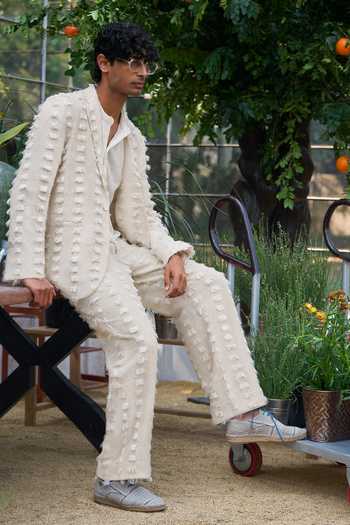Shop_Dash And Dot_Ivory Cotton, Acrylic Textured Pattern Blazer Set 