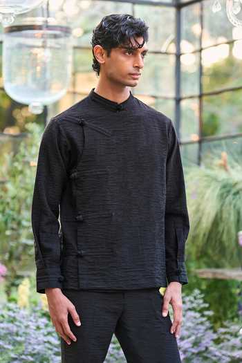 Buy_Dash And Dot_Black Polyester Textured Knotted Shirt And Pant Set _Online_at_Aza_Fashions