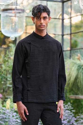 Shop Dash And Dot Black Polyester Textured Knotted Shirt And Pant Set Online at Aza Fashions Shop_Dash And Dot_Black Polyester Textured Knotted Shirt And Pant Set _Online_at_Aza_Fashions