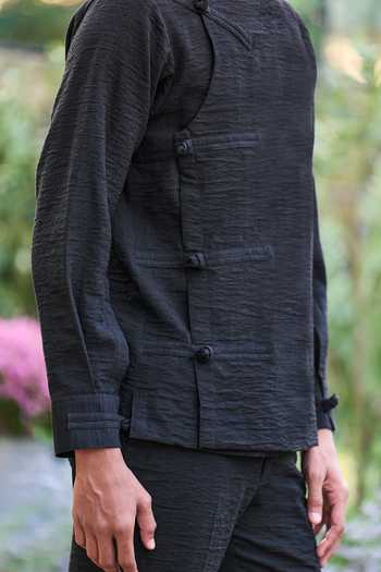 Dash And Dot_Black Polyester Textured Knotted Shirt And Pant Set _at_Aza_Fashions