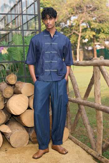 Dash And Dot_Blue Cotton Denim Knot Button Shirt _at_Aza_Fashions