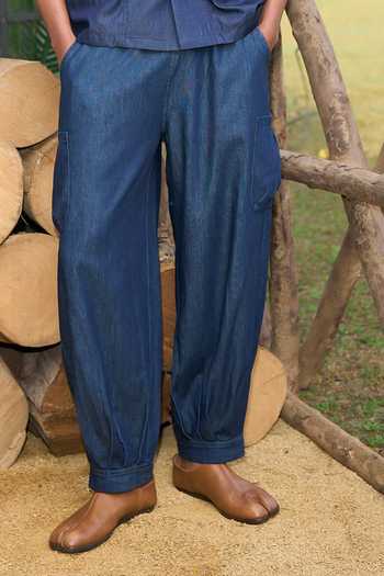 Dash And Dot_Blue Cotton Denim Box Pleat Pant _Online_at_Aza_Fashions