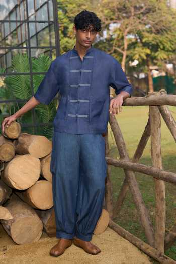 Buy_Dash And Dot_Blue Cotton Denim Box Pleat Pant _Online_at_Aza_Fashions