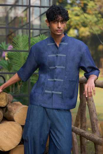 Dash And Dot Blue Cotton Denim Knot Button Shirt And Pleated Pant Set Online at Aza Fashions Dash And Dot_Blue Cotton Denim Knot Button Shirt And Pleated Pant Set _Online_at_Aza_Fashions