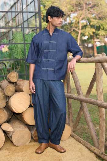 Dash And Dot Denim Knot Button Shirt & Pleated Pant Set 