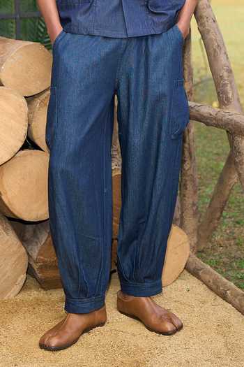 Buy_Dash And Dot_Blue Cotton Denim Knot Button Shirt And Pleated Pant Set _Online_at_Aza_Fashions