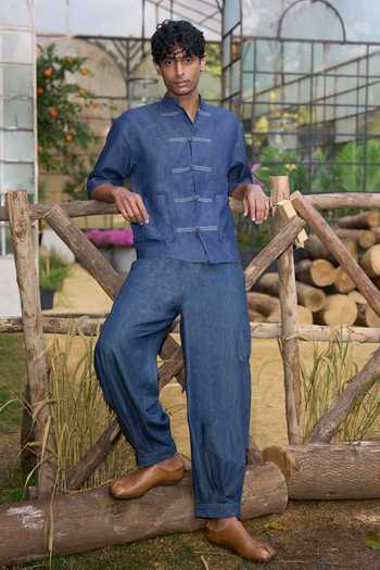 Shop_Dash And Dot_Blue Cotton Denim Knot Button Shirt And Pleated Pant Set _Online_at_Aza_Fashions