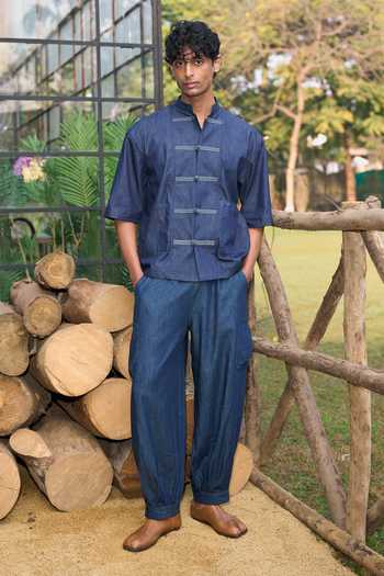 Dash And Dot_Blue Cotton Denim Knot Button Shirt And Pleated Pant Set _at_Aza_Fashions