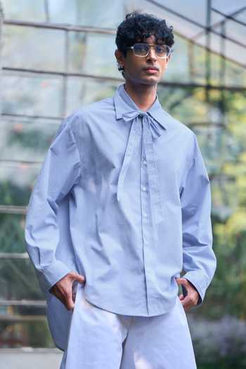Dash And Dot Blue Cotton Neck Tie Pinstripe Shirt Online at Aza Fashions Dash And Dot_Blue Cotton Neck Tie Pinstripe Shirt _Online_at_Aza_Fashions