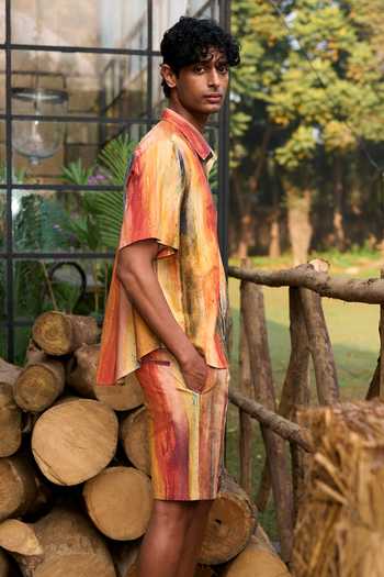 Dash And Dot_Multi Color Cotton, Linen Abstract Watercolour Print Shorts Set _Online_at_Aza_Fashions