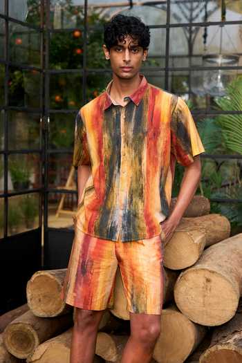Dash And Dot_Multi Color Cotton, Linen Abstract Watercolour Print Shorts Set _at_Aza_Fashions