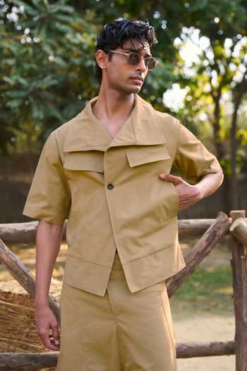 Dash And Dot Beige Spandex, Cotton Architectural Collared Shirt With Pant Online at Aza Fashions Dash And Dot_Beige Spandex, Cotton Architectural Collared Shirt With Pant _Online_at_Aza_Fashions
