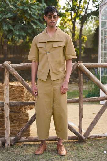 Shop Dash And Dot Beige Spandex, Cotton Architectural Collared Shirt With Pant Online at Aza Fashions Shop_Dash And Dot_Beige Spandex, Cotton Architectural Collared Shirt With Pant _Online_at_Aza_Fashions