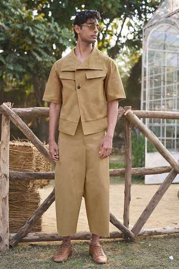 Buy Dash And Dot Beige Spandex, Cotton Architectural Collared Shirt With Pant Buy_Dash And Dot_Beige Spandex, Cotton Architectural Collared Shirt With Pant
