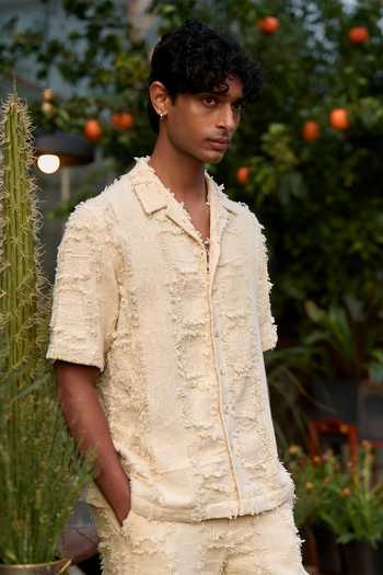 Dash And Dot_Ivory Cotton Frayed Jacquard Shirt _Online_at_Aza_Fashions
