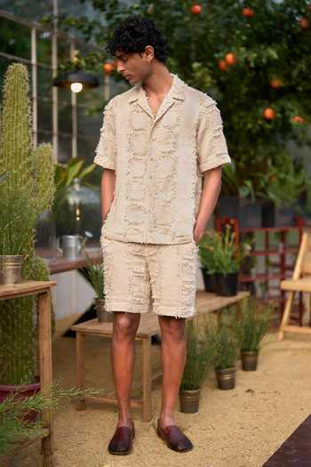 Shop_Dash And Dot_Ivory Cotton Frayed Jacquard Shirt _Online_at_Aza_Fashions