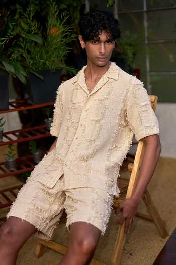 Dash And Dot_Ivory Cotton Frayed Jacquard Shirt _at_Aza_Fashions