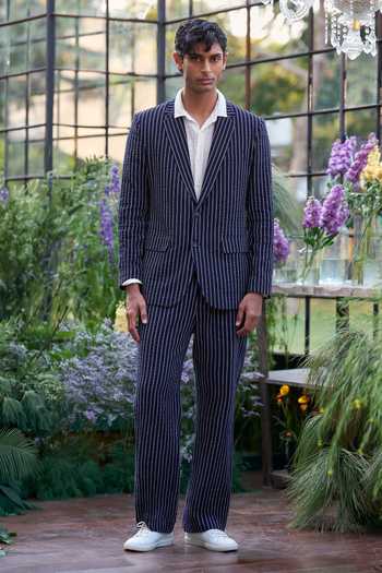 Dash And Dot Blue Cotton Seersucker Stripe Blazer at Aza Fashions Dash And Dot_Blue Cotton Seersucker Stripe Blazer _at_Aza_Fashions