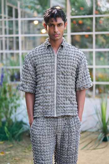 Shop_Dash And Dot_Blue Polyester Bubble Jacquard Knitted Shirt And Pant Set _Online_at_Aza_Fashions