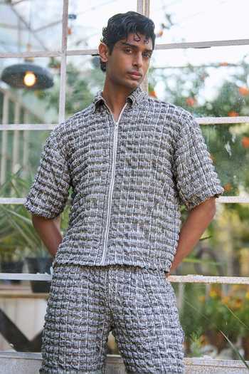 Dash And Dot Blue Polyester Bubble Jacquard Knitted Shirt And Pant Set at Aza Fashions Dash And Dot_Blue Polyester Bubble Jacquard Knitted Shirt And Pant Set _at_Aza_Fashions