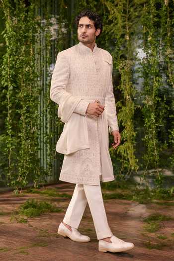 Shop Jigar & Nikita Ivory Silk, Chanderi Rajvansh The Modern Ruler Sherwani Set Online at Aza Fashions Shop_Jigar & Nikita_Ivory Silk, Chanderi Rajvansh The Modern Ruler Sherwani Set _Online_at_Aza_Fashions