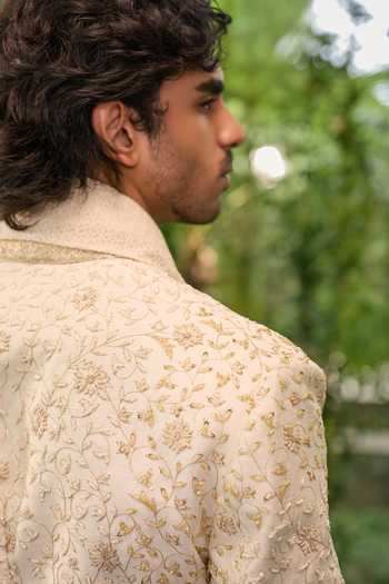 Jigar & Nikita_Ivory Silk, Satin Anant The Rising Royal Sherwani Set _Online_at_Aza_Fashions