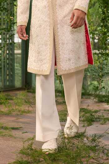 Buy_Jigar & Nikita_Ivory Silk, Satin Anant The Rising Royal Sherwani Set _Online_at_Aza_Fashions
