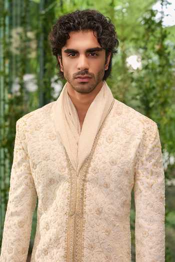 Shop_Jigar & Nikita_Ivory Silk, Satin Anant The Rising Royal Sherwani Set _Online_at_Aza_Fashions