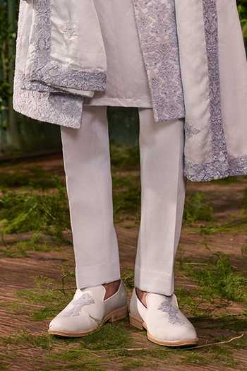 Jigar & Nikita_Grey Satin Samrat The Contemporary Heir Sherwani Set _Online_at_Aza_Fashions