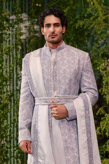 Shop_Jigar & Nikita_Grey Satin Samrat The Contemporary Heir Sherwani Set _Online_at_Aza_Fashions