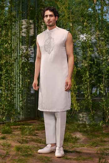 Jigar & Nikita_Grey Satin Samrat The Contemporary Heir Sherwani Set _at_Aza_Fashions
