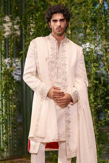 Buy Jigar & Nikita Ivory Satin Shvet Agni The Fearless King Sherwani Set Online at Aza Fashions Buy_Jigar & Nikita_Ivory Satin Shvet Agni The Fearless King Sherwani Set _Online_at_Aza_Fashions