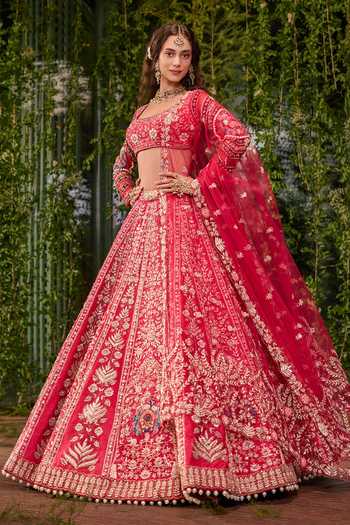 Buy Jigar & Nikita Red Silk, Tulle Round Neck Mayura The Imperial Peacock Bridal Lehenga Set at Aza Fashions Buy_Jigar & Nikita_Red Silk, Tulle Round Neck Mayura The Imperial Peacock Bridal Lehenga Set _at_Aza_Fashions