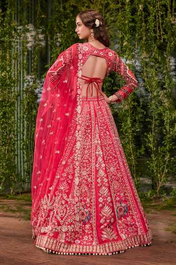 Shop Jigar & Nikita Red Silk, Tulle Round Neck Mayura The Imperial Peacock Bridal Lehenga Set at Aza Fashions Shop_Jigar & Nikita_Red Silk, Tulle Round Neck Mayura The Imperial Peacock Bridal Lehenga Set _at_Aza_Fashions
