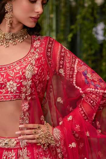 Buy Jigar & Nikita Red Silk, Tulle Round Neck Mayura The Imperial Peacock Bridal Lehenga Set Online at Aza Fashions Buy_Jigar & Nikita_Red Silk, Tulle Round Neck Mayura The Imperial Peacock Bridal Lehenga Set _Online_at_Aza_Fashions
