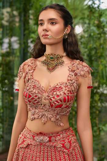 Jigar & Nikita Red Silk, Tulle Sweetheart Neck Mrig Vachan The Deers Promise Bridal Lehenga Set Online at Aza Fashions Jigar & Nikita_Red Silk, Tulle Sweetheart Neck Mrig Vachan The Deers Promise Bridal Lehenga Set _Online_at_Aza_Fashions