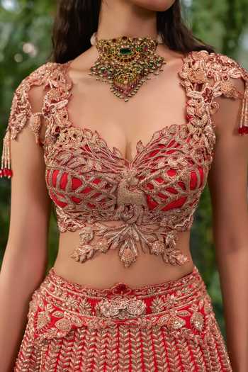 Buy Jigar & Nikita Red Silk, Tulle Sweetheart Neck Mrig Vachan The Deers Promise Bridal Lehenga Set Online at Aza Fashions Buy_Jigar & Nikita_Red Silk, Tulle Sweetheart Neck Mrig Vachan The Deers Promise Bridal Lehenga Set _Online_at_Aza_Fashions