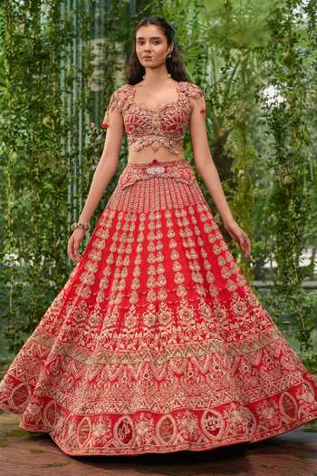 Shop Jigar & Nikita Red Silk, Tulle Sweetheart Neck Mrig Vachan The Deers Promise Bridal Lehenga Set Online at Aza Fashions Shop_Jigar & Nikita_Red Silk, Tulle Sweetheart Neck Mrig Vachan The Deers Promise Bridal Lehenga Set _Online_at_Aza_Fashions