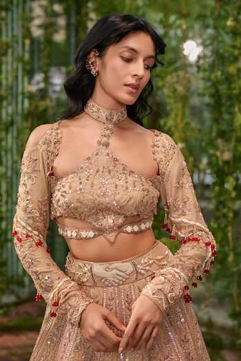 Jigar & Nikita_Beige Organza, Tulle, Tissue Choker Neck Hast Milap The Eternal Bond Lehenga Set _Online_at_Aza_Fashions