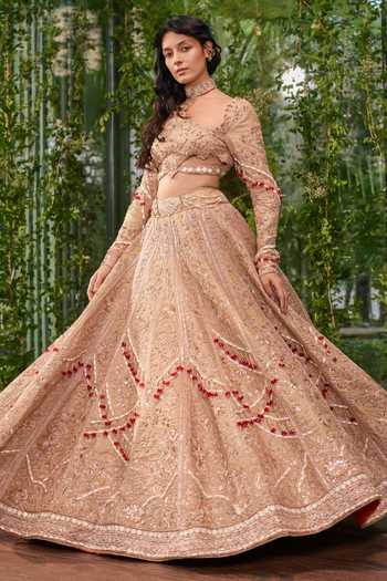 Buy_Jigar & Nikita_Beige Organza, Tulle, Tissue Choker Neck Hast Milap The Eternal Bond Lehenga Set _Online_at_Aza_Fashions