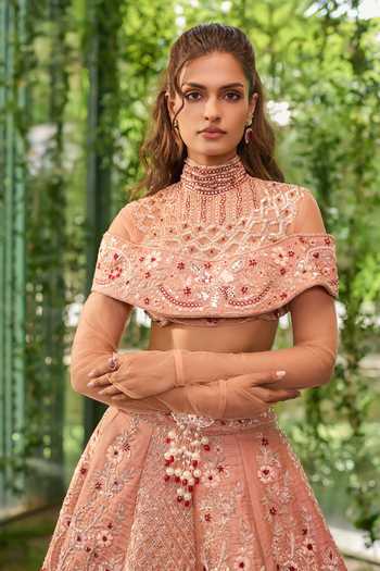Jigar & Nikita_Multi Color Organza, Tulle High Neck Zardozi Embroidered Bridal Lehenga Set _Online_at_Aza_Fashions