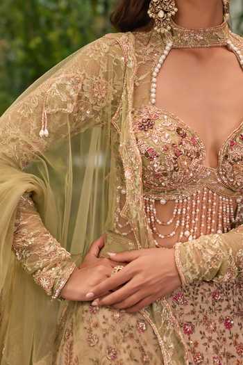 Buy_Jigar & Nikita_Green Silk, Tulle Sweetheart Neck Aranya The Forest Symphony Bridal Lehenga Set _Online_at_Aza_Fashions