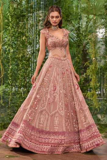 Buy_Jigar & Nikita_Pink Velvet, Tulle, Organza Sweetheart Peacock Embroidered Bridal Lehenga Set _Online_at_Aza_Fashions