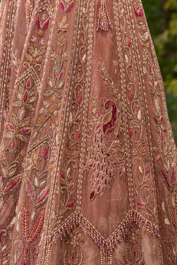 Shop_Jigar & Nikita_Pink Velvet, Tulle, Organza Sweetheart Peacock Embroidered Bridal Lehenga Set _Online_at_Aza_Fashions