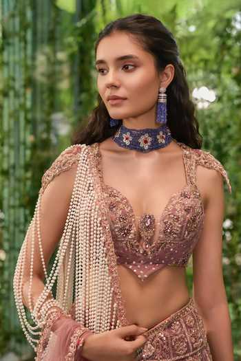 Jigar & Nikita Pink Organza, Tulle Sweetheart Neck Muktika The Pearl Blossom Lehenga Set Online at Aza Fashions Jigar & Nikita_Pink Organza, Tulle Sweetheart Neck Muktika The Pearl Blossom Lehenga Set _Online_at_Aza_Fashions
