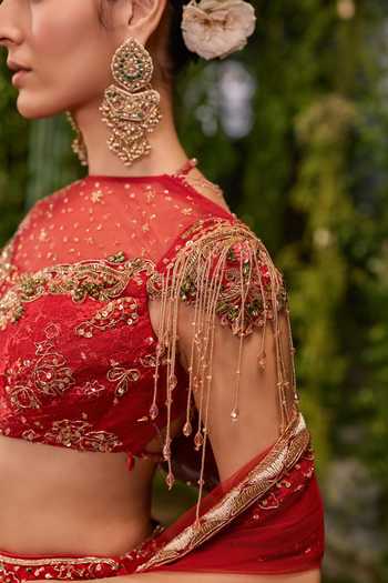 Jigar & Nikita Red Silk, Tulle Boat Neck Kanan The Royal Garden Bridal Lehenga Set Online at Aza Fashions Jigar & Nikita_Red Silk, Tulle Boat Neck Kanan The Royal Garden Bridal Lehenga Set _Online_at_Aza_Fashions