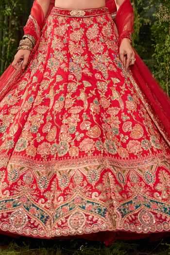 Buy Jigar & Nikita Red Silk, Tulle Boat Neck Kanan The Royal Garden Bridal Lehenga Set Online at Aza Fashions Buy_Jigar & Nikita_Red Silk, Tulle Boat Neck Kanan The Royal Garden Bridal Lehenga Set _Online_at_Aza_Fashions