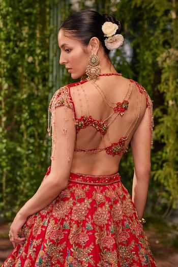 Shop Jigar & Nikita Red Silk, Tulle Boat Neck Kanan The Royal Garden Bridal Lehenga Set Online at Aza Fashions Shop_Jigar & Nikita_Red Silk, Tulle Boat Neck Kanan The Royal Garden Bridal Lehenga Set _Online_at_Aza_Fashions