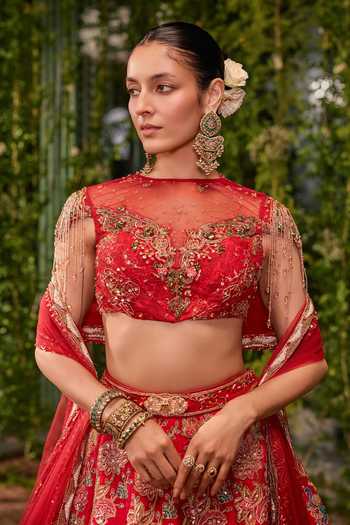Jigar & Nikita Red Silk, Tulle Boat Neck Kanan The Royal Garden Bridal Lehenga Set at Aza Fashions Jigar & Nikita_Red Silk, Tulle Boat Neck Kanan The Royal Garden Bridal Lehenga Set _at_Aza_Fashions