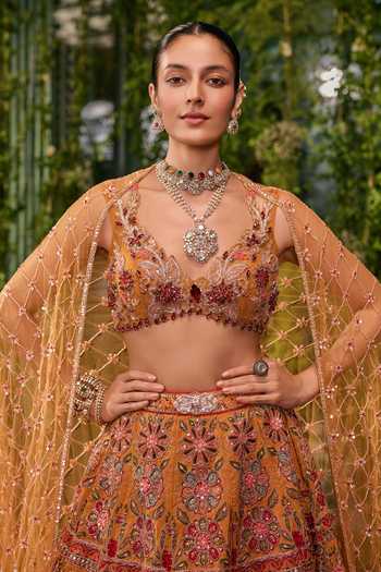 Jigar & Nikita Yellow Silk, Tulle Sweetheart Neck Pakshi Jaal The Living Tapestry Lehenga Set Online at Aza Fashions Jigar & Nikita_Yellow Silk, Tulle Sweetheart Neck Pakshi Jaal The Living Tapestry Lehenga Set _Online_at_Aza_Fashions